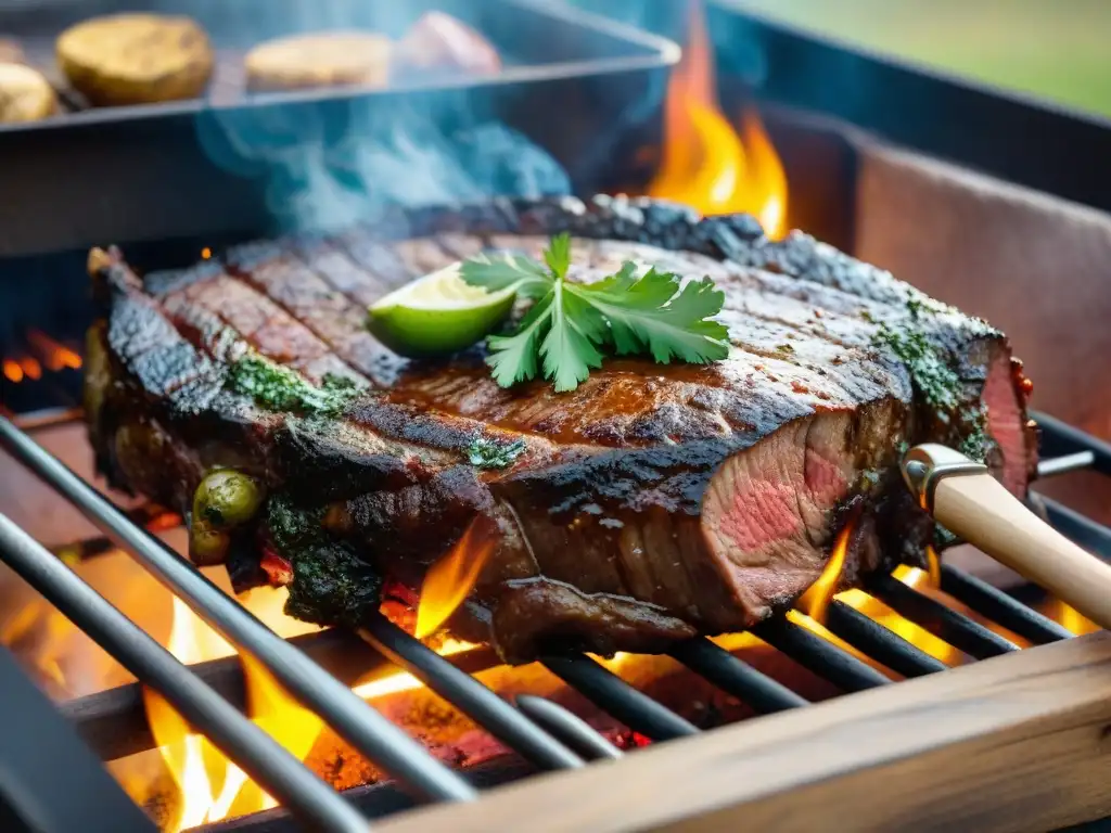 Deléitate con la química del asado uruguayo: una imagen detallada de un asado perfectamente cocido en una parrilla tradicional, con llamas acariciando la carne