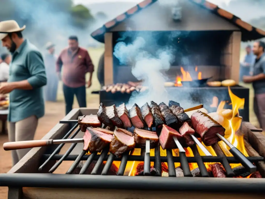 Reunión alrededor de un asado uruguayo, destacando la importancia cultural del asado uruguayo con variedad de carnes en la parrilla