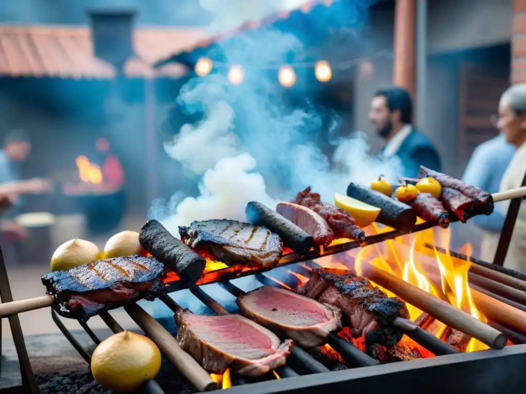 Un asado uruguayo con influencia africana: escena detallada de carne a la parrilla y personas reunidas en un patio rústico, vibrante y comunitario