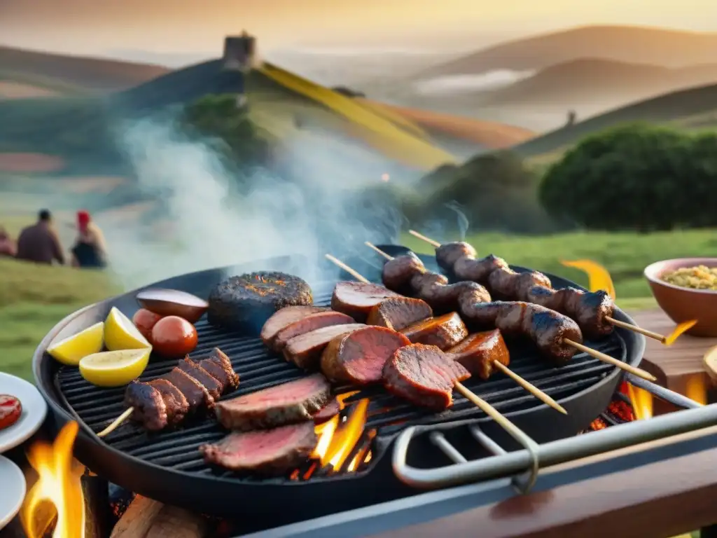 Un asado uruguayo con influencia de la inmigración, uniendo culturas alrededor de la parrilla al atardecer