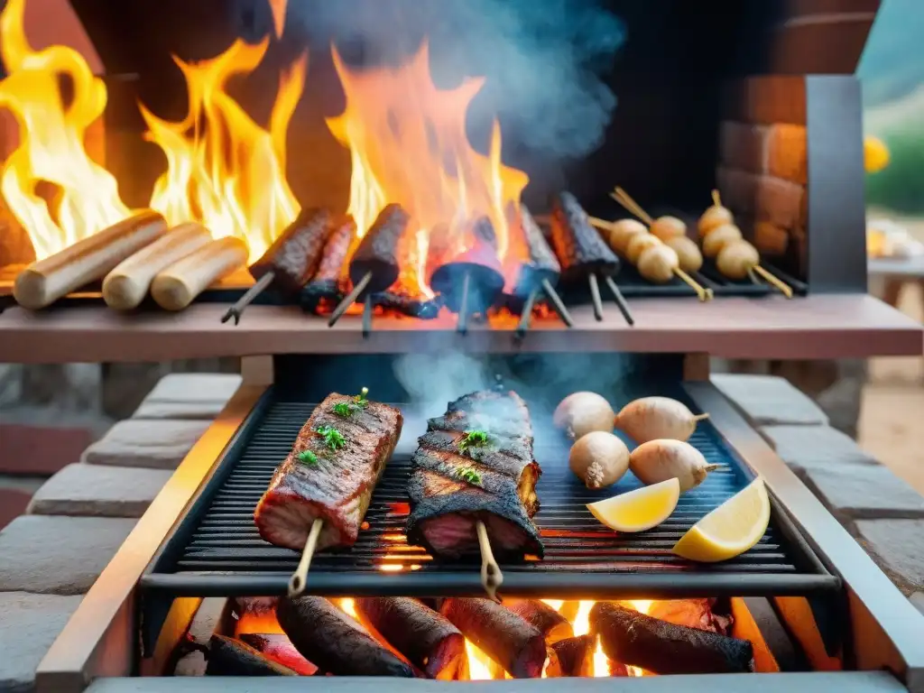 Un asado uruguayo con influencia árabe, detallado y vibrante, fusionando tradiciones culinarias en una escena cautivadora al atardecer