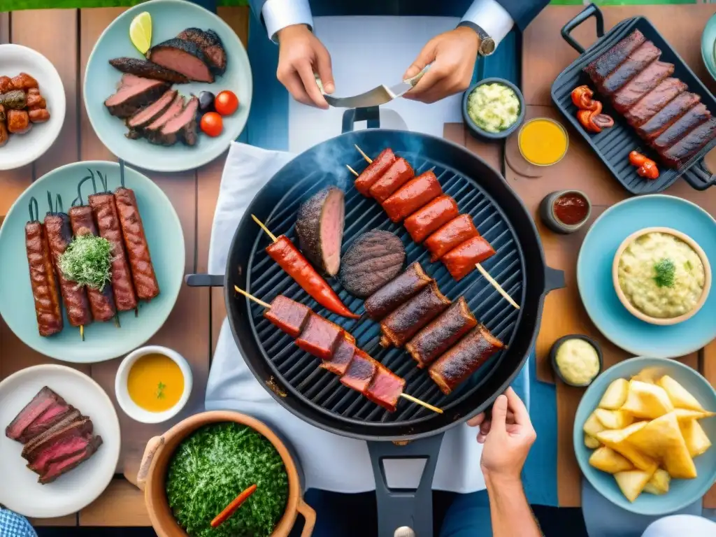 Un asado uruguayo con influencia judía: parrilla llena de carnes sizzling, gente disfrutando en un patio rústico