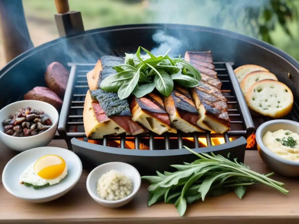 Asado uruguayo con influencia de raíces italianas en un escenario campestre