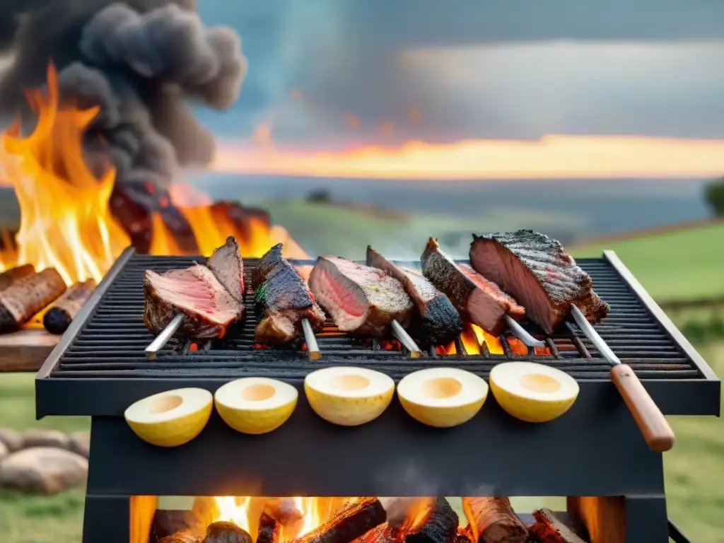 Un asado uruguayo influenciado por España, con amigos y familia disfrutando en el campo