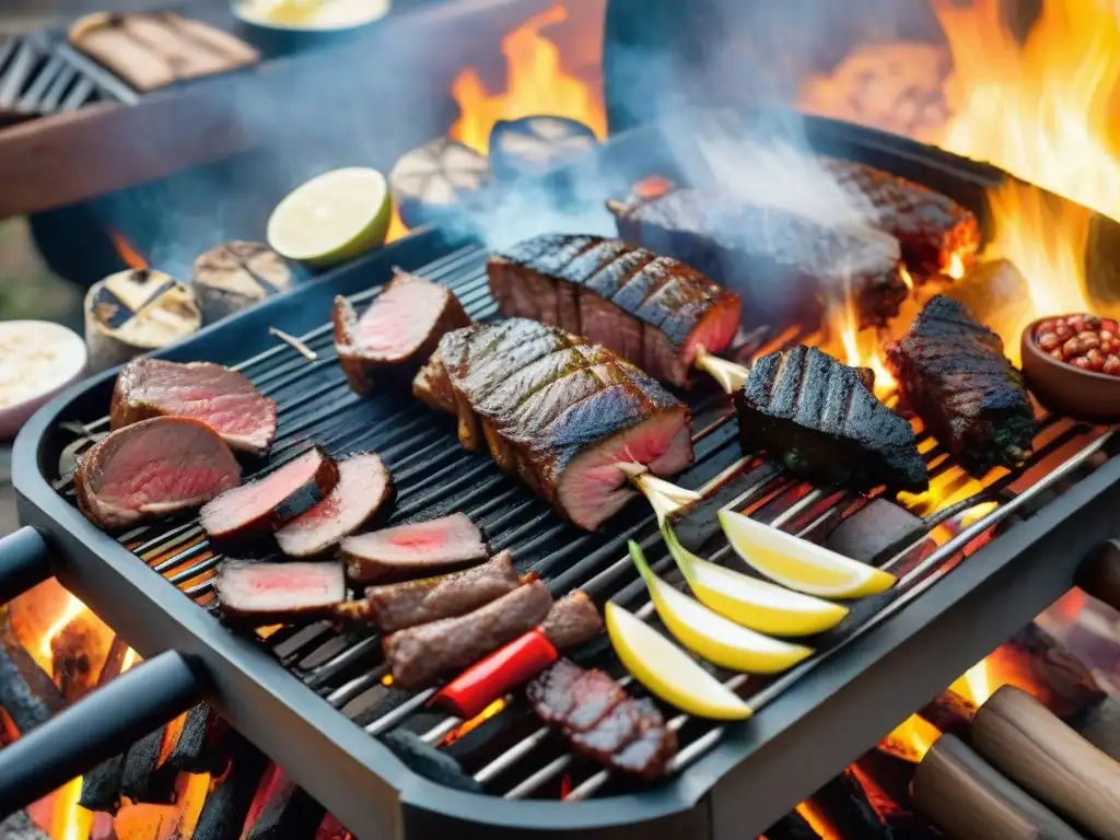 Un asado uruguayo influenciado por España: gauchos preparando carne sobre brasas en el campo, con ingredientes tradicionales