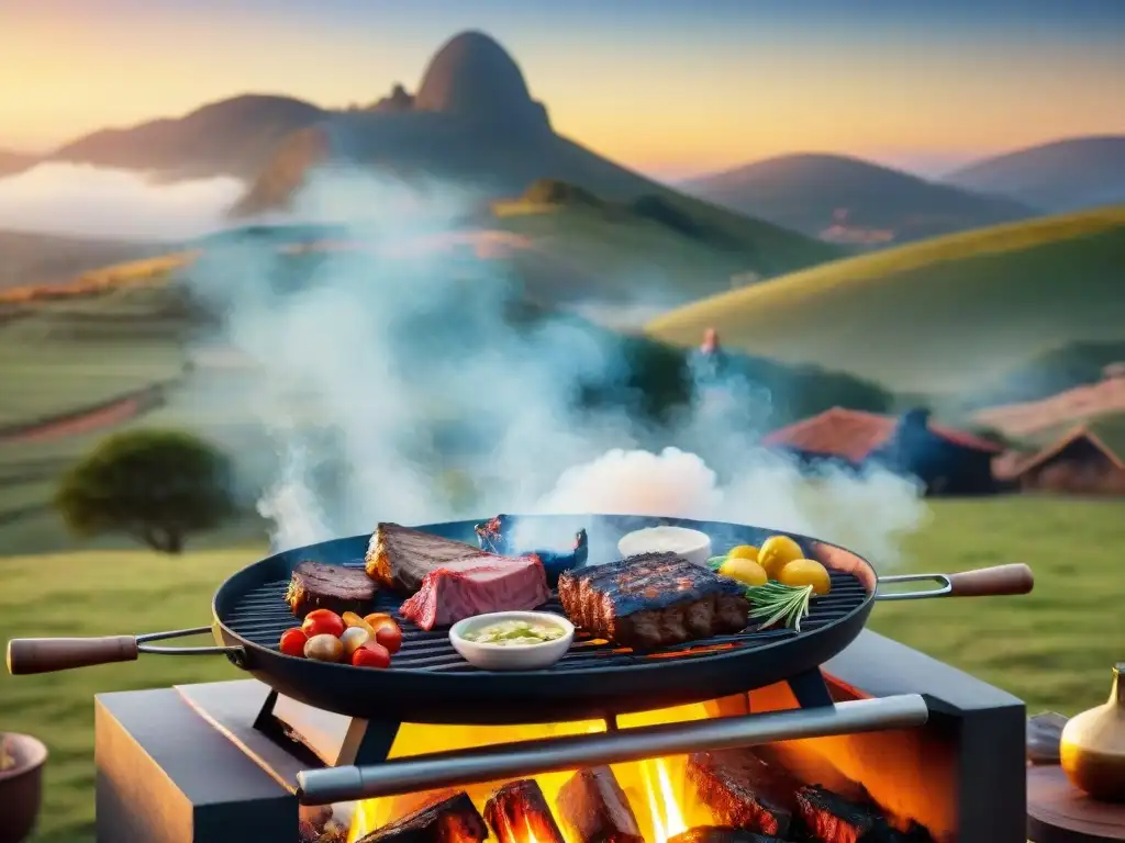 Un asado uruguayo influenciado por España cobra vida en una escena festiva en el campo al atardecer