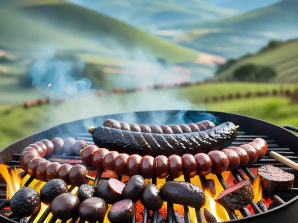 Un asado uruguayo influenciado por España cobra vida en una escena campestre pintoresca con carnes sizzling y gauchos atendiendo la parrilla