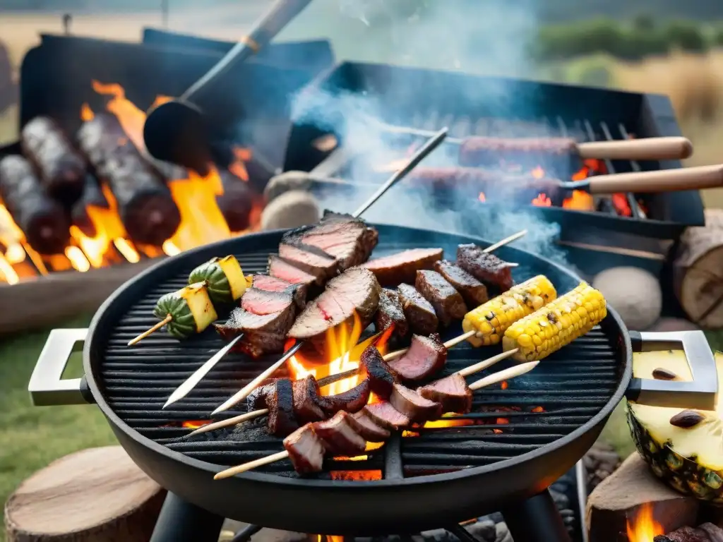 Un asado uruguayo con ingredientes exóticos como avestruces marinados y chorizos de canguro, en paisaje campestre