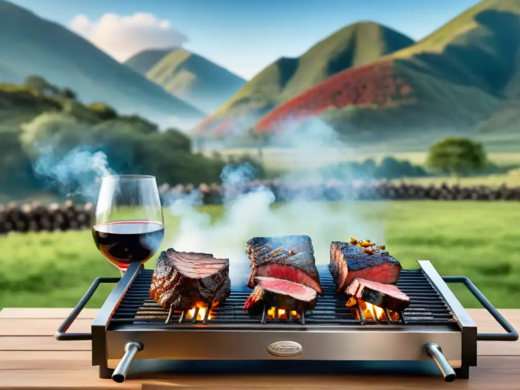 Un asado uruguayo con ingredientes históricos: carne, chorizos, morcillas, chimichurri y vino Tannat, en el campo con un gaucho