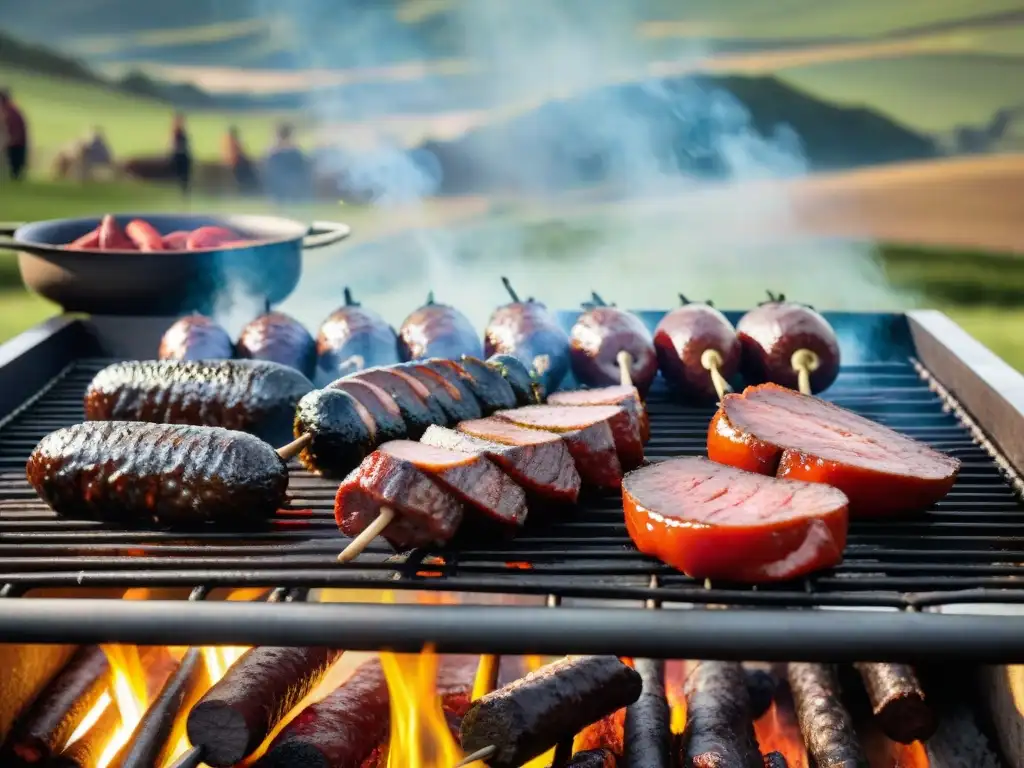 Preparación de asado uruguayo con ingredientes locales en paisaje campestre