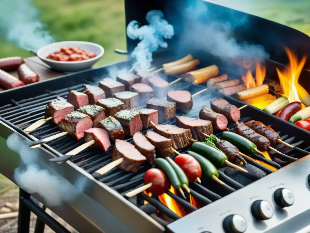 Preparación de asado uruguayo con ingredientes premium en grill rústico al aire libre, bajo cielo azul y vegetación exuberante