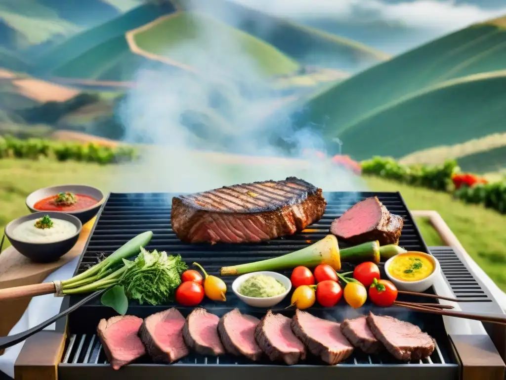 Preparación de asado uruguayo con ingredientes de primera en el campo soleado