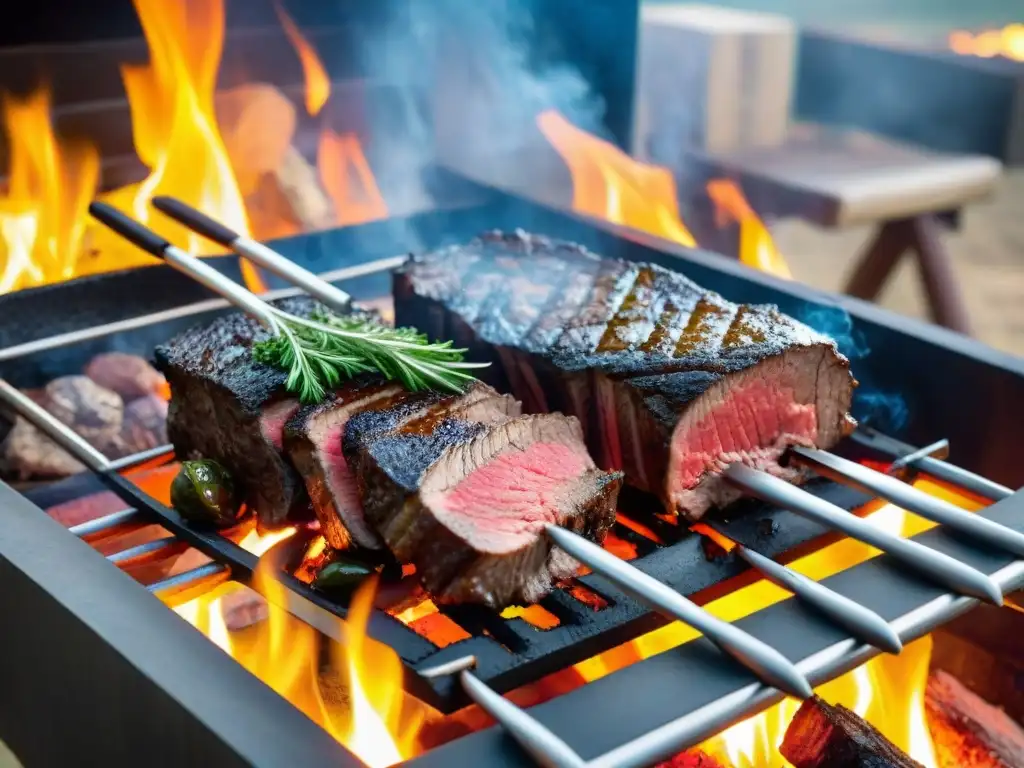 Un asado uruguayo innovador: exquisito corte de carne a la parrilla con chimichurri y vegetales asados, en un entorno campestre elegante