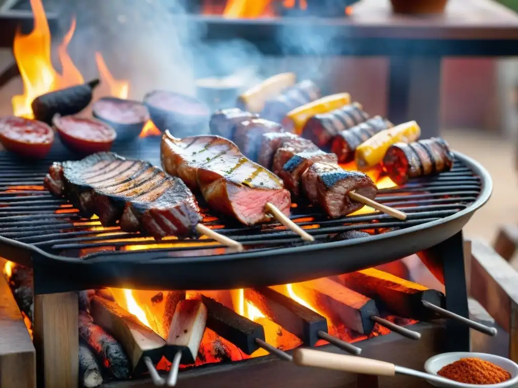 Un asado uruguayo innovador: parrilla con vacío, chorizo y morcilla, rodeada de brasas brillantes y humo, al atardecer en un patio rústico