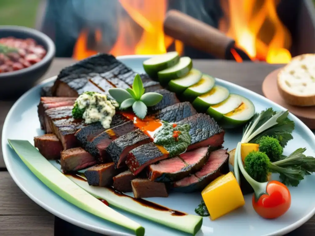 Un asado uruguayo innovador con variedad de carnes a la parrilla, chimichurri y vegetales a la brasa al atardecer