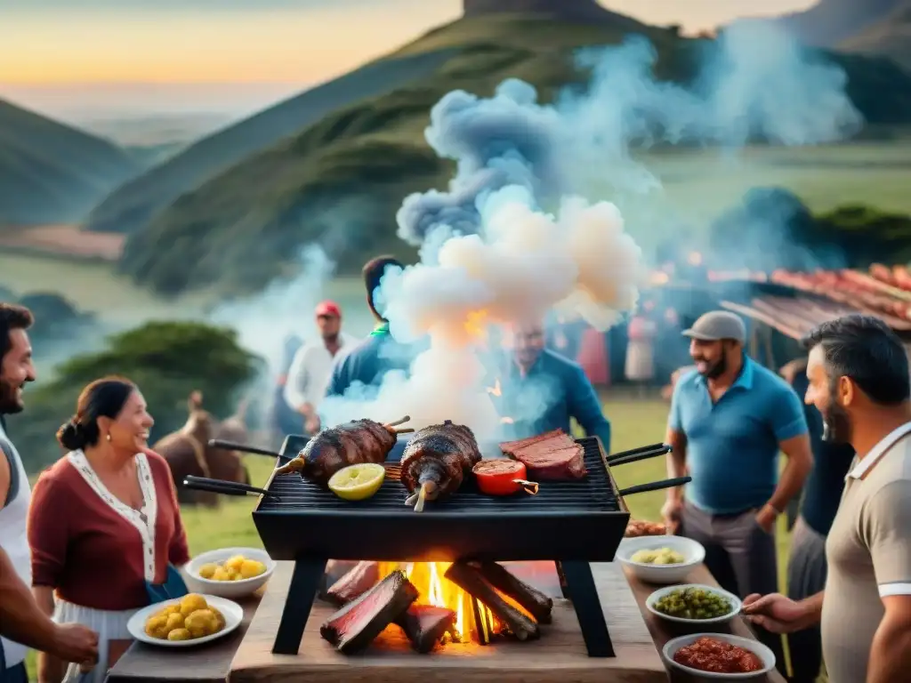 Un asado uruguayo inolvidable en el campo: gran parrilla, gente diversa riendo y disfrutando