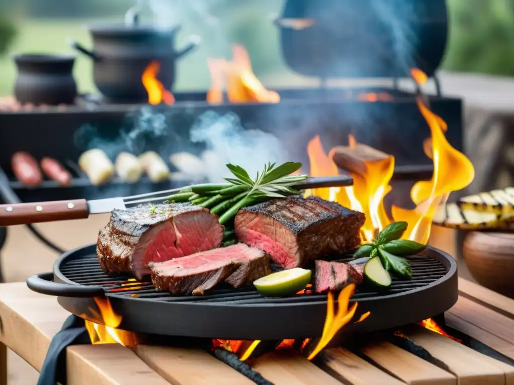 Un asado uruguayo inolvidable: parrilla repleta de cortes premium, invitados felices brindando al atardecer