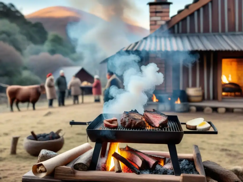 Un asado uruguayo invernal: amigos alrededor de la parrilla, carne al fuego y nieve en las ramas