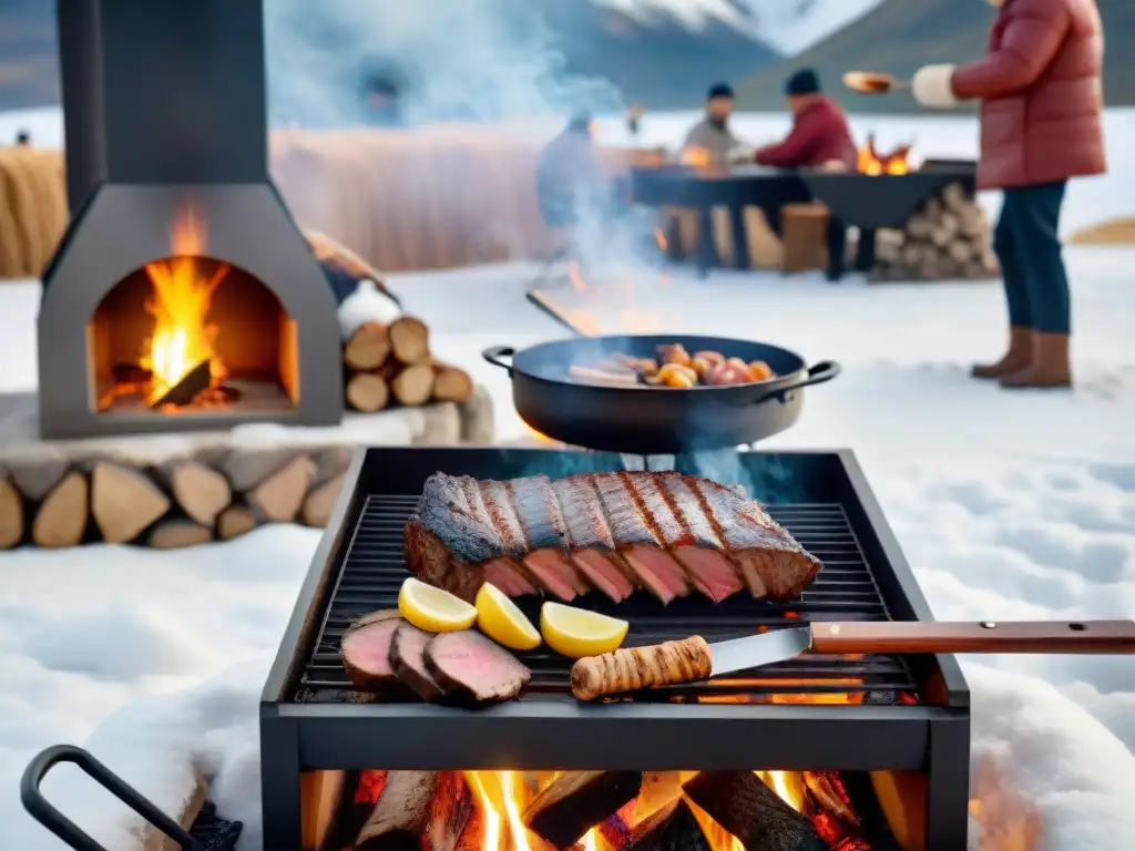 Disfrutando del asado uruguayo en invierno mientras la nieve cae suavemente