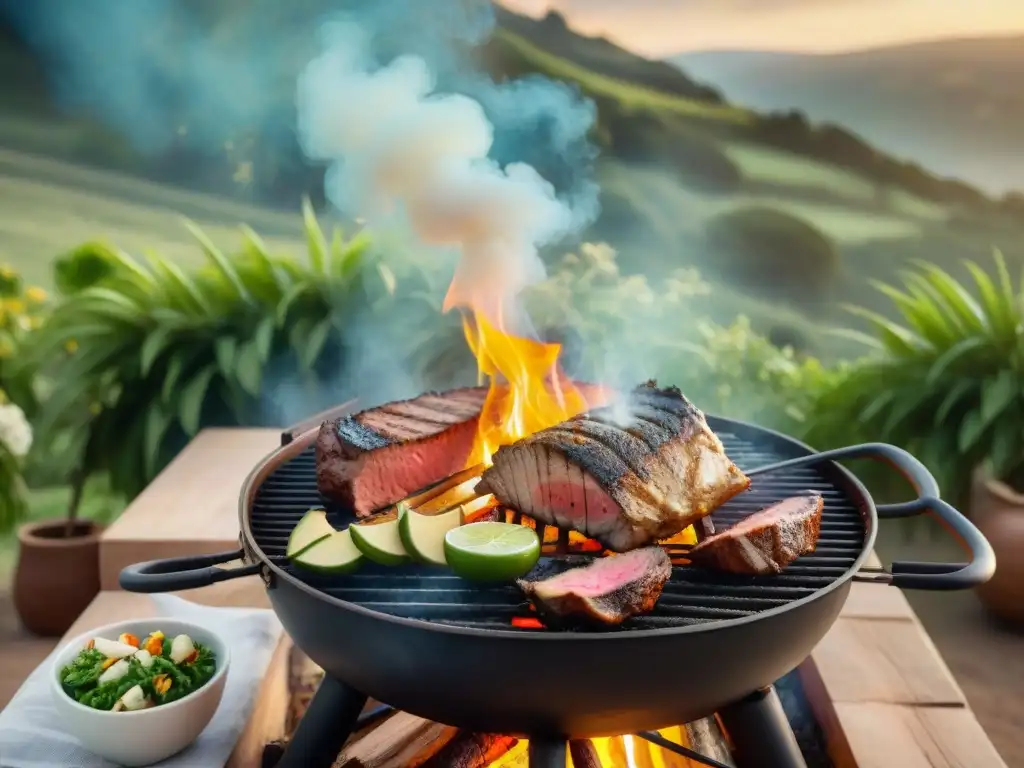 Disfrutando de un asado uruguayo en un jardín exuberante al atardecer