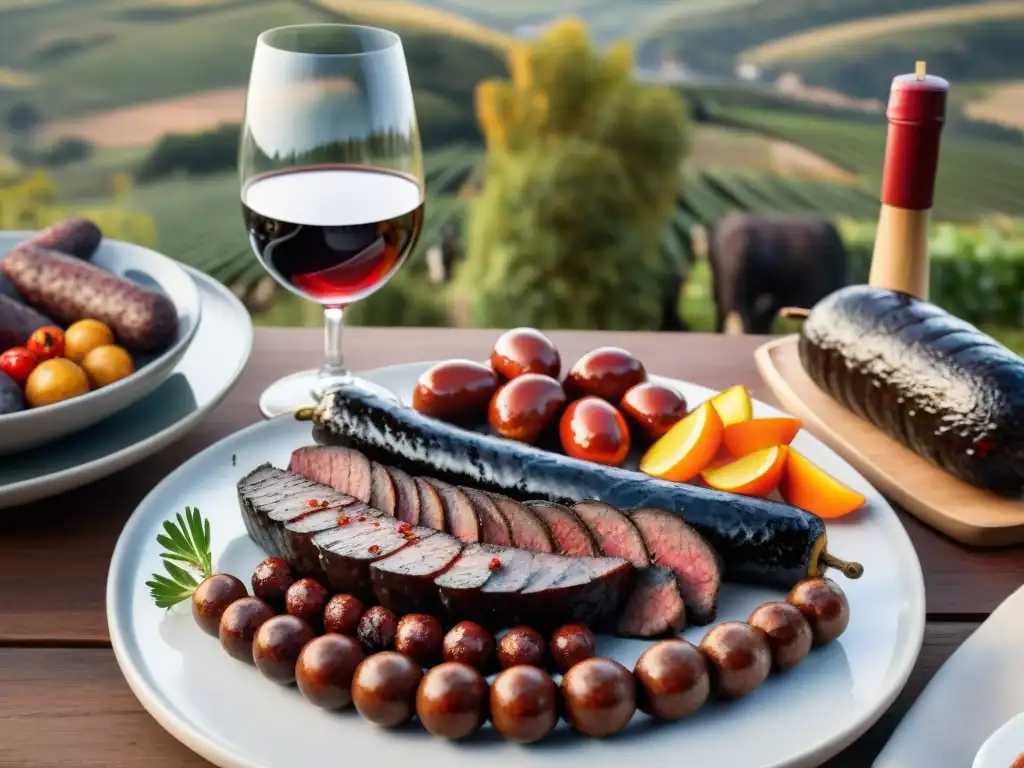 Un asado uruguayo junto a vinos chilenos en viñedo al atardecer