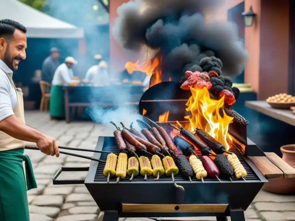 Un asado uruguayo con legumbres chisporroteantes, en un entorno rústico donde se preparan recetas legumbres asado uruguayo