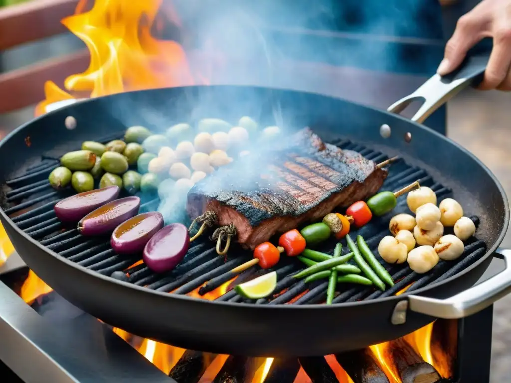 Un asado uruguayo con legumbres a la parrilla, lleno de color y sabor, cocinado por un chef experto