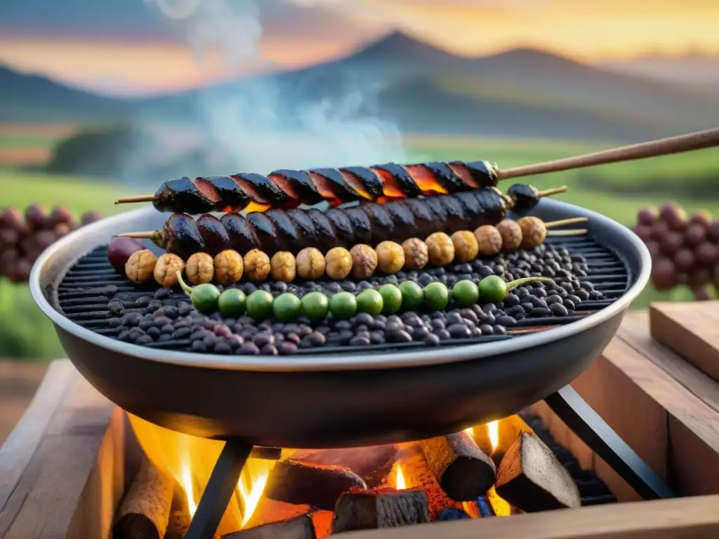 Un asado uruguayo con legumbres sizzling en la parrilla, en escena campestre