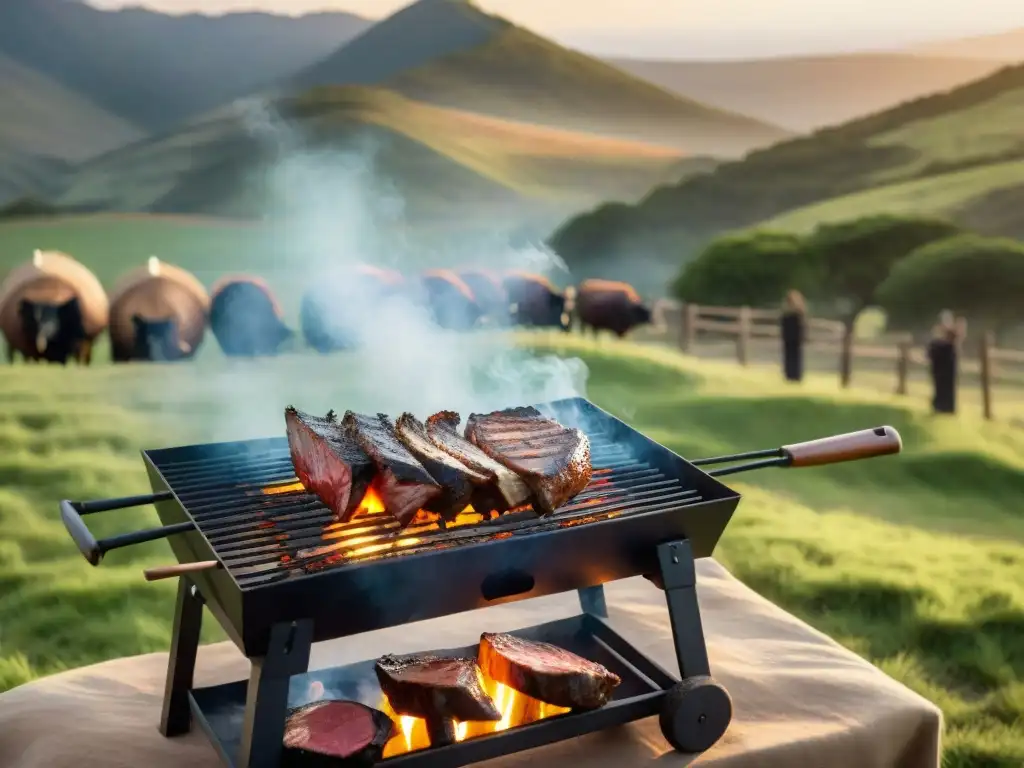 Un asado uruguayo de lujo en estancia al atardecer, con parrilleros expertos y elegantes invitados disfrutando de la experiencia