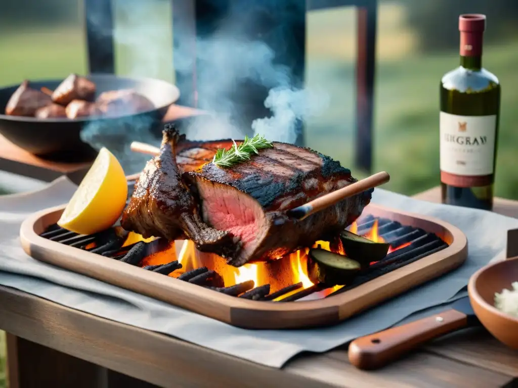 Un asado uruguayo con maridaje de destilados, en un campo al atardecer