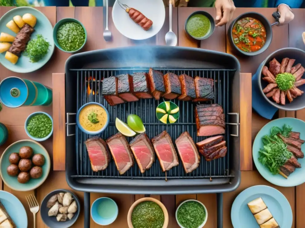 Un asado uruguayo con maridajes únicos: carne jugosa, chorizos y chimichurri en una parrilla, rodeados de amigos y familiares