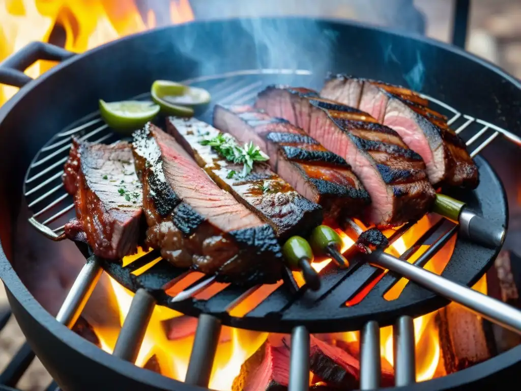 Un asado uruguayo perfectamente marinado sobre brasas ardientes, capturando la esencia culinaria