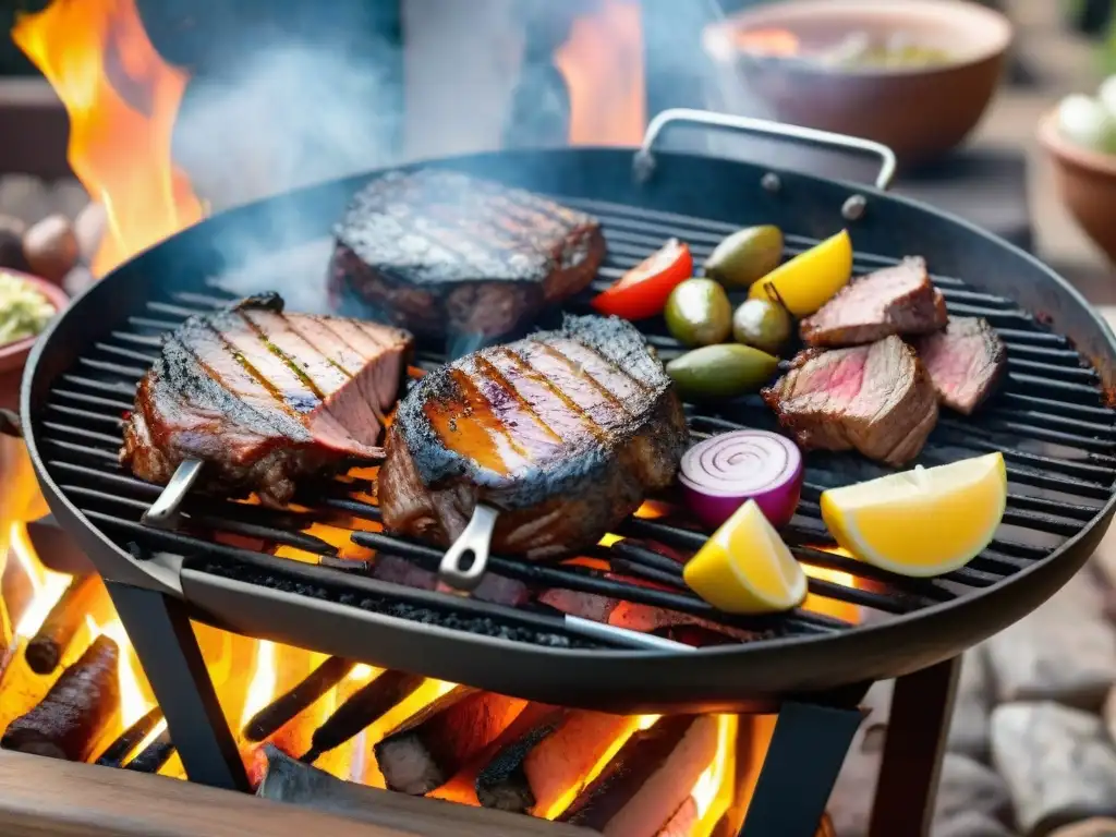 Un asado uruguayo con marinados variados en una parrilla al carbón, rodeada de amigos y familia