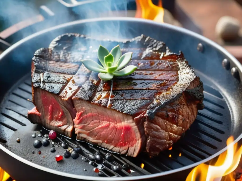 Un asado uruguayo medio raro con maridaje de vinos jóvenes, cocinándose en la parrilla, rodeado de exuberante verdor