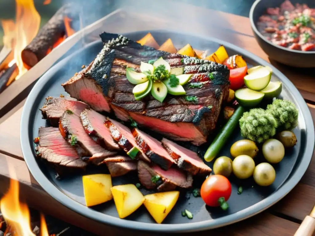 Un asado uruguayo con la mejor carne en la parrilla, envuelta en llamas y chimichurri, en un entorno campestre