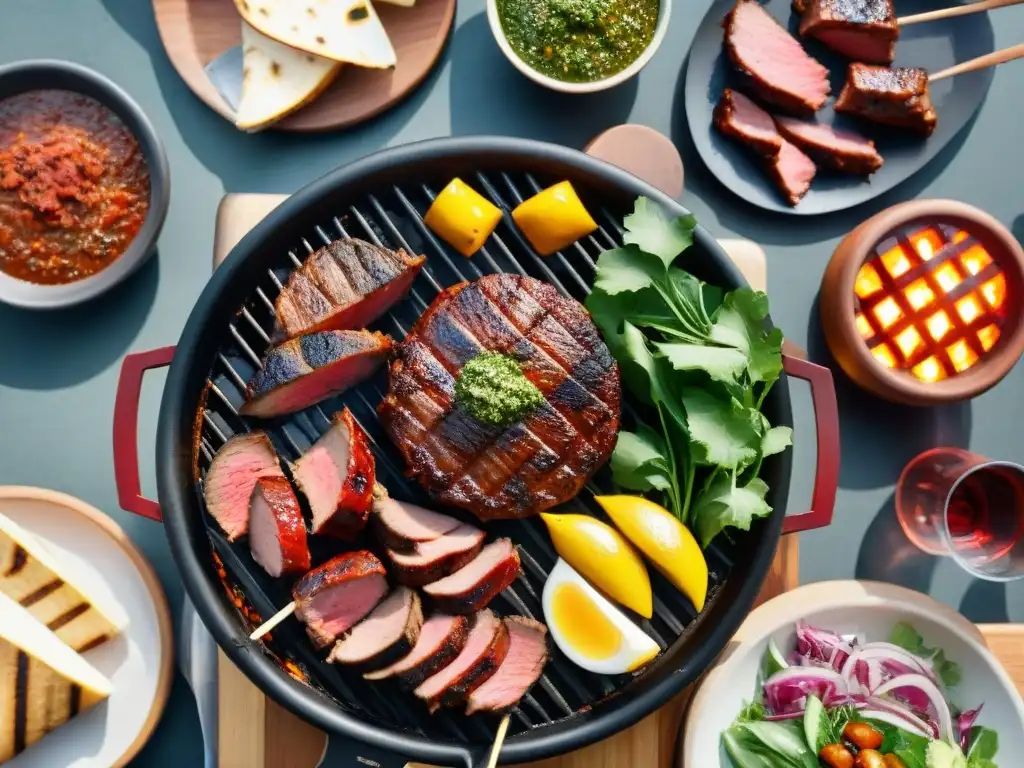 Un asado uruguayo con los mejores cortes de carne, chimichurri, ensaladas frescas y vino Tannat