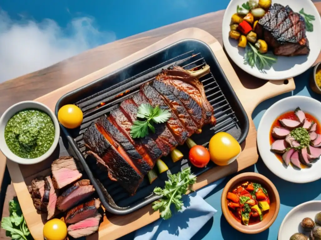 Un asado uruguayo con los mejores cortes de carne, gaucho orgulloso junto a la parrilla, bajo el cielo azul