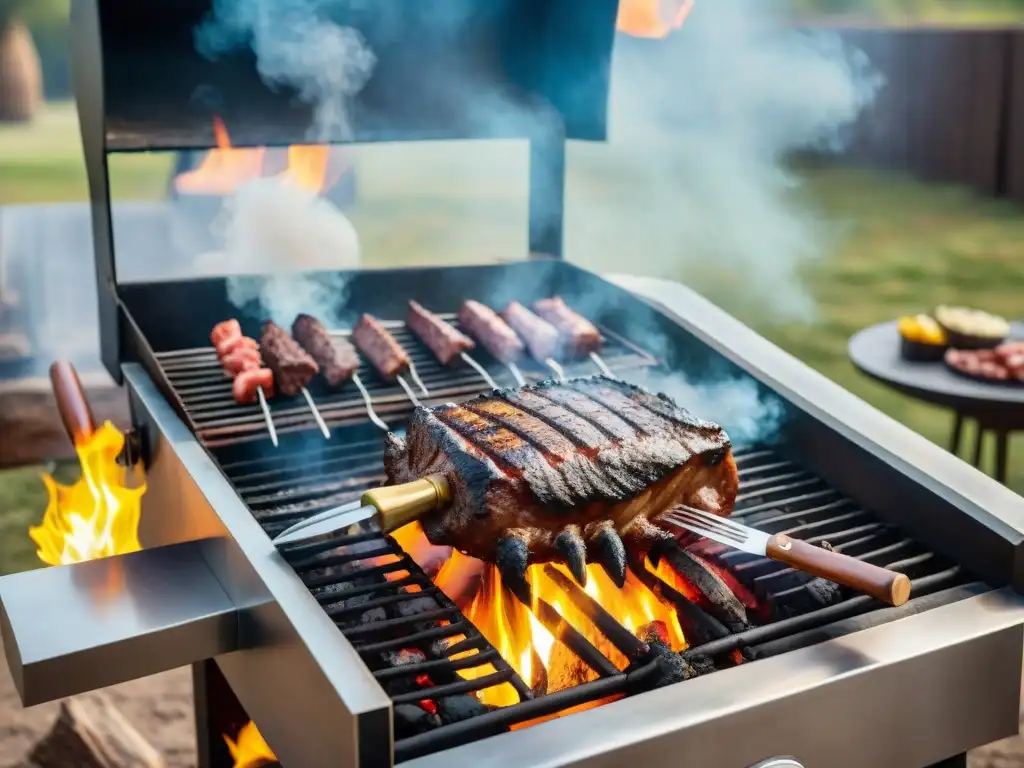 Reunión alrededor del asado uruguayo con los mejores cortes de carne asado y utensilios tradicionales de parrillada