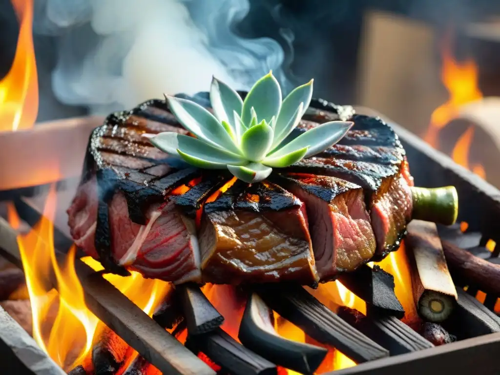 Un asado uruguayo con los mejores cortes cocinándose a la perfección sobre brasas, acompañado de chimichurri y vegetales a la parrilla