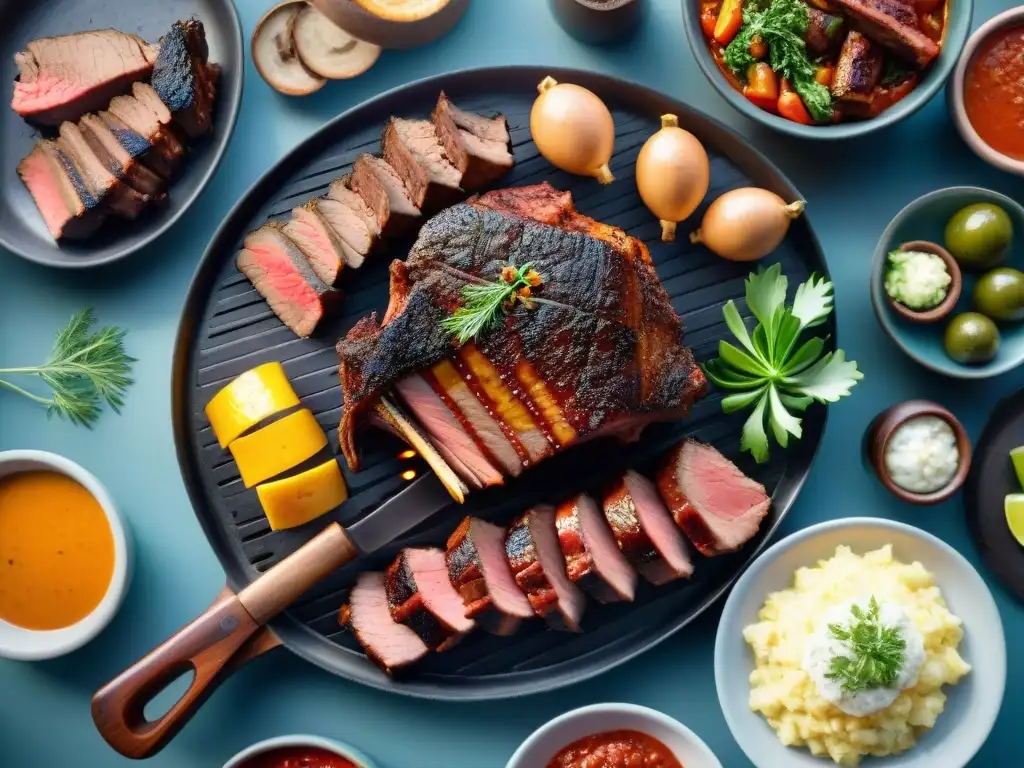 Un asado uruguayo con los mejores cortes de carne, cocinados a la perfección sobre brasas ardientes en un ambiente rústico y acogedor