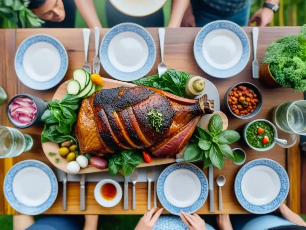 Presentación del asado uruguayo: Mesa de madera rústica con comida y amigos riendo en un entorno al aire libre acogedor y natural