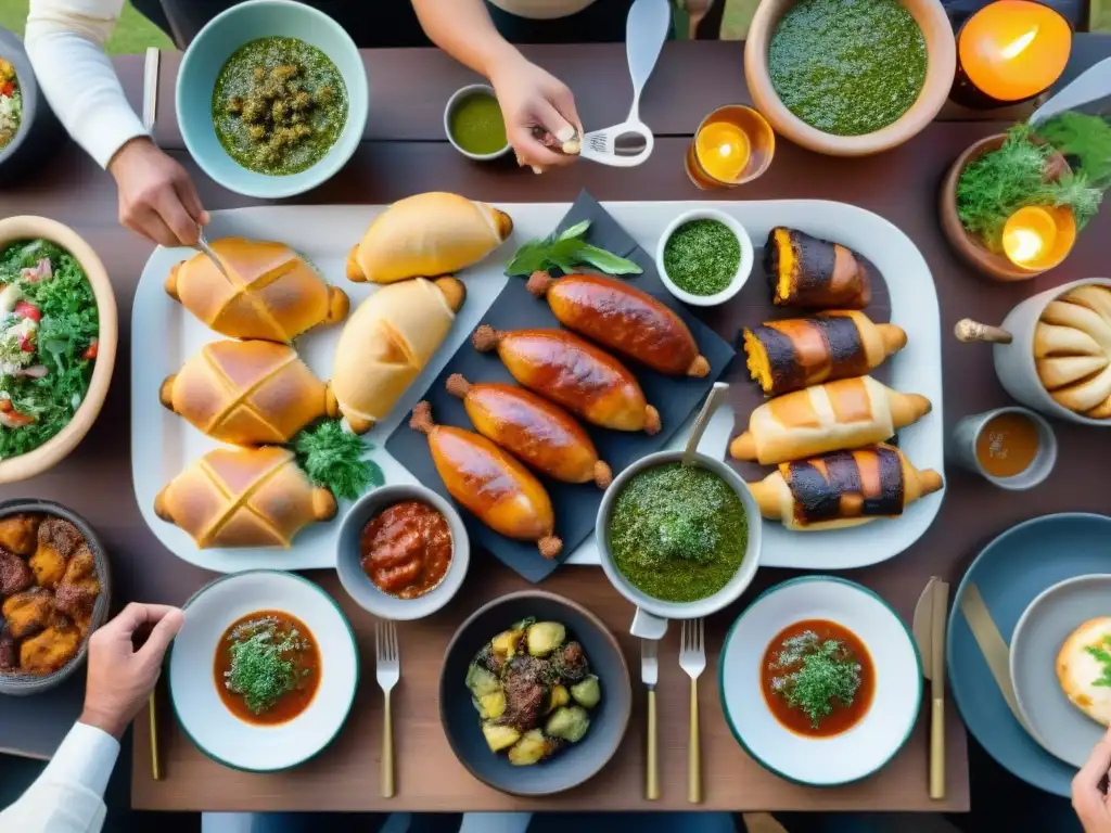 Organizar asado uruguayo para 100: mesa repleta de delicias y gente animada bajo el cálido atardecer