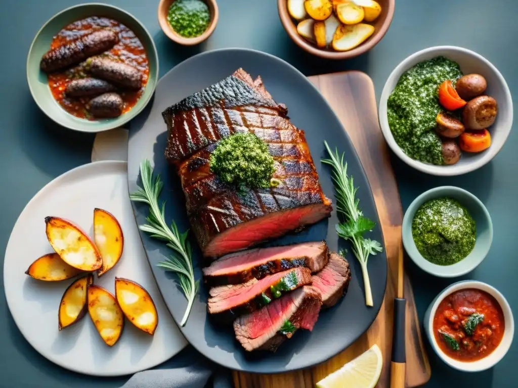 Un asado uruguayo en una mesa rústica con chimichurri vibrante y una presentación impecable