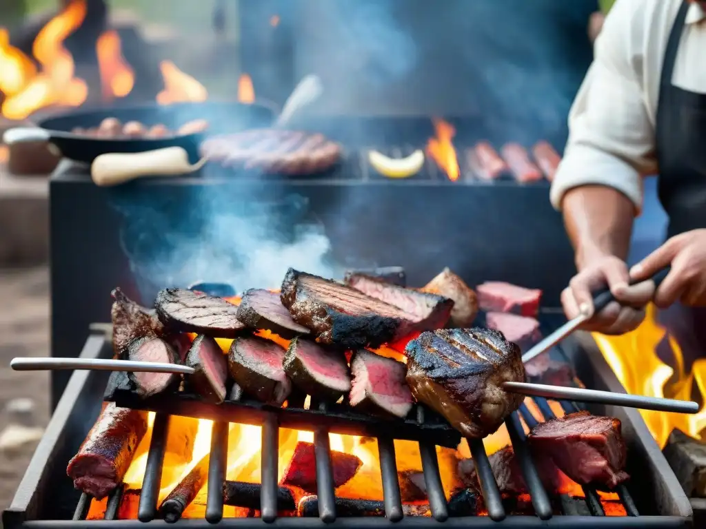 Un asado uruguayo moderno: amigos alrededor de una parrilla con carne sizzling sobre brasas rojas brillantes