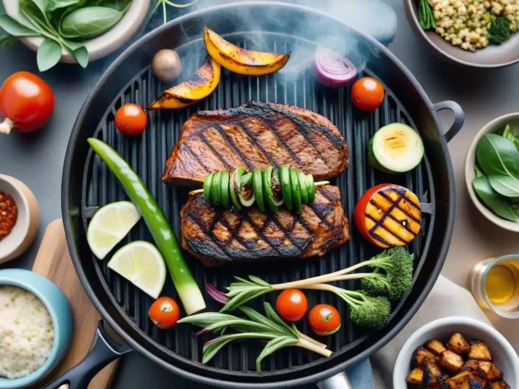 Un asado uruguayo moderno con proteínas alternativas y verduras vibrantes en la parrilla