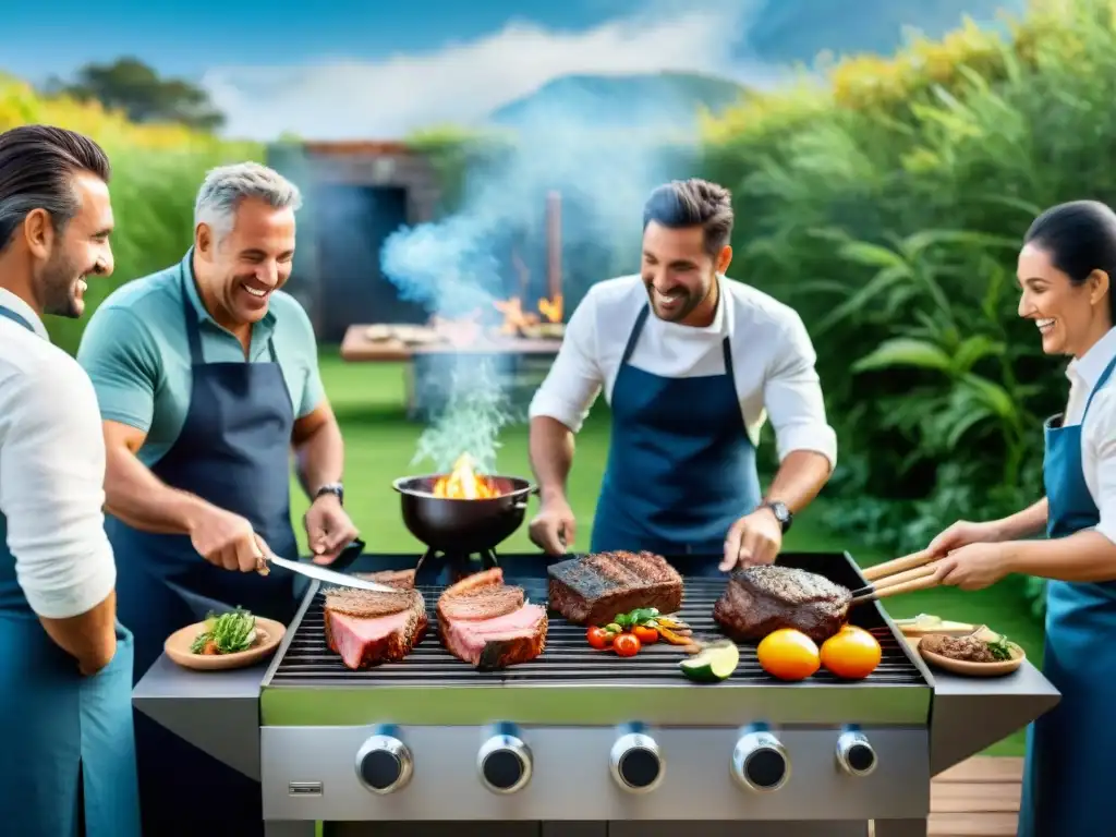 Un asado uruguayo moderno en un jardín verde bajo un cielo azul, amigos riendo y disfrutando, un chef experto en técnicas de asado uruguayo modernas