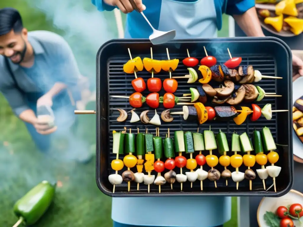 Un asado uruguayo con opciones vegetarianas: parrilla llena de coloridas brochetas de verduras, gente sonriente alrededor