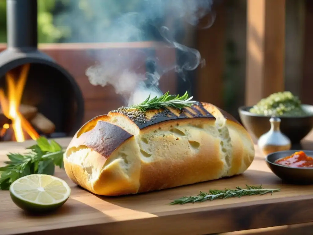 Un asado uruguayo con pan casero recién horneado, chimichurri y parrilla al fondo