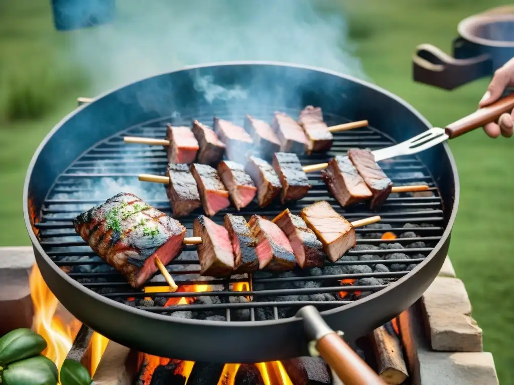 Un asado uruguayo tradición e innovación: amigos disfrutan de una parrilla con carne suculenta sobre brasas, en un paisaje campestre