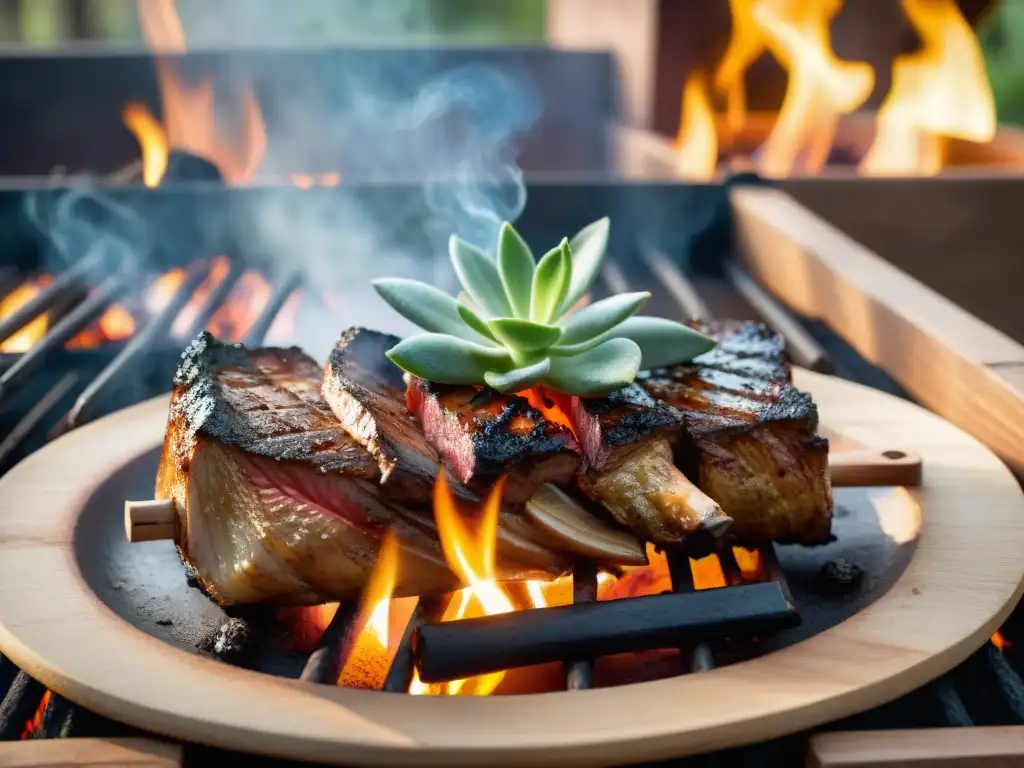 Un asado uruguayo en una parrilla con carne suculenta sobre brasas, humo aromático y condimentos tradicionales